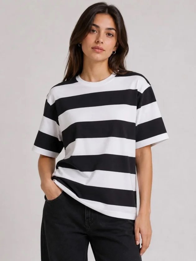 Çizgili Oversize Tişört Bisiklet Yaka Kısa Kol Yazlık T-Shirt - Siyah