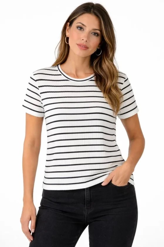 Çizgili Yazlık Triko T-Shirt Bisiklet Yaka Rahat Kalıp Tişört - Beyaz
