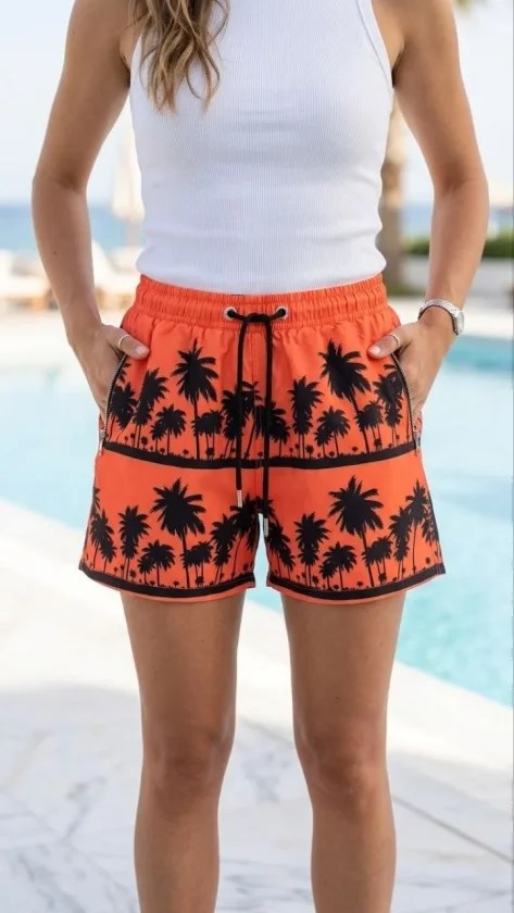 Deniz Şortu Fermuarlı Cepli File Astarlı Hızlı Kuruyan Premium - Turuncu