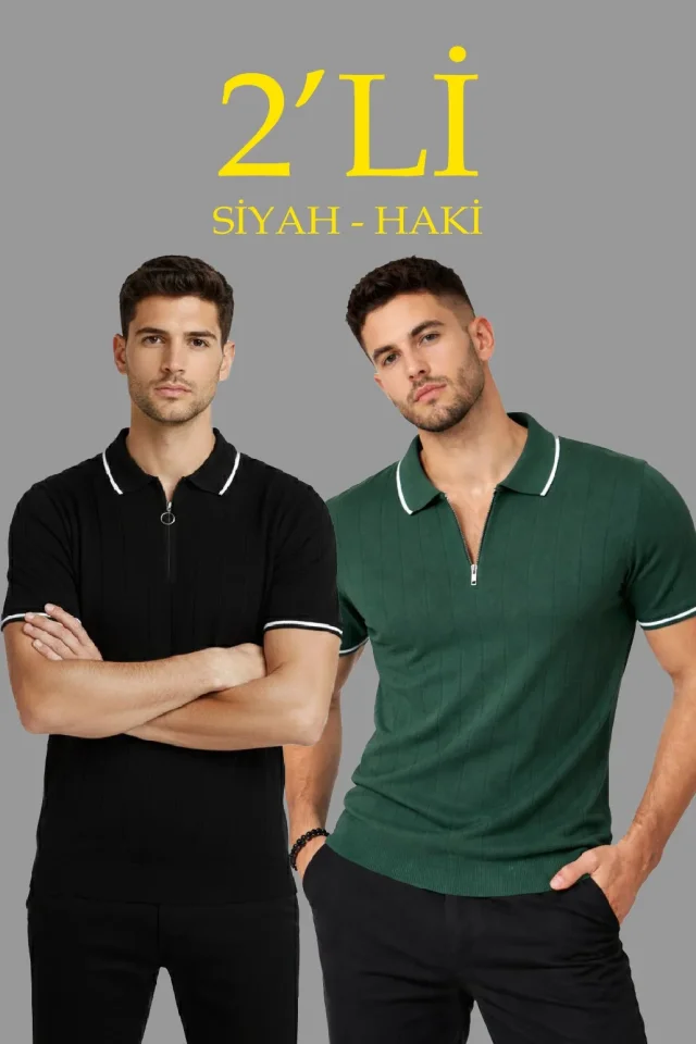 Erkek 2’li Paket Dokuma Triko  Fermuarlı Yakalı Fitilli Kısa Kollu Regular Fit Tişört - Haki - Siyah