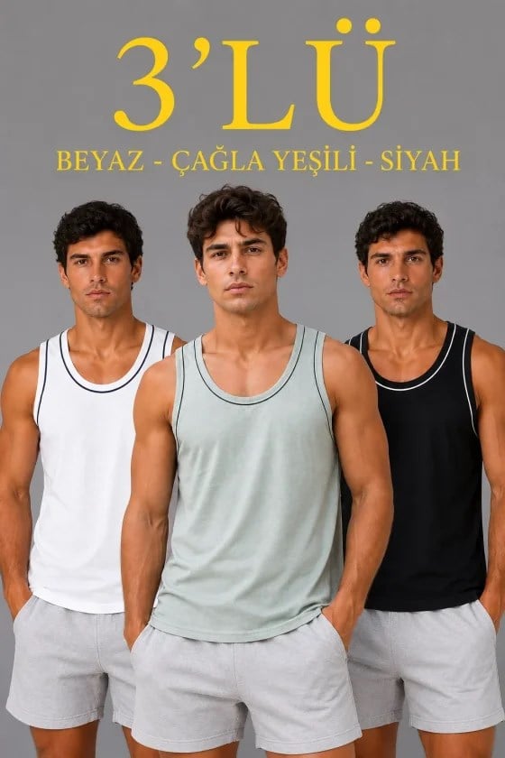 Erkek 3’lü Kolsuz Sporcu Atlet Seti Yazlık Bisiklet Yakalı - Mint Yeşili, Siyah, Beyaz