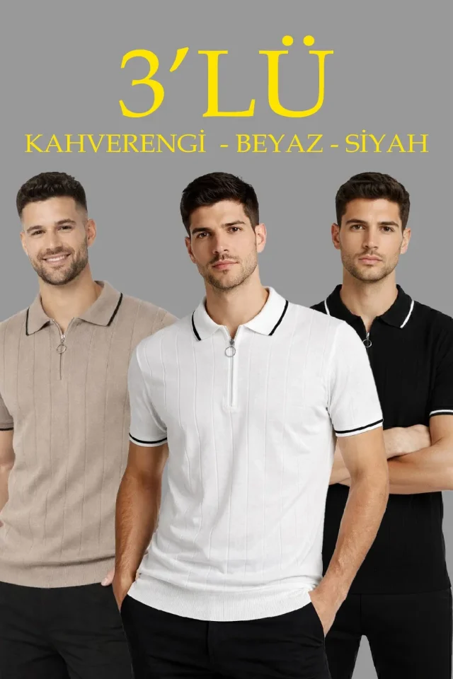 Erkek 3’lü Paket Dokuma Triko  Fermuarlı Yakalı Fitilli Kısa Kollu Regular Fit Tişört - Kahverengi, Beyaz, Siyah