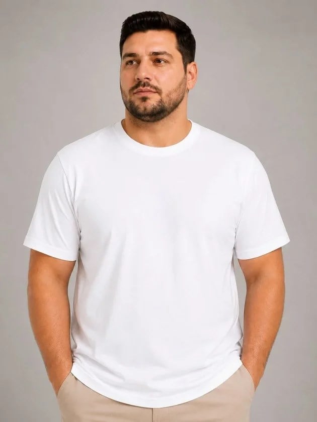 Erkek Battal Big Size Basic Tişört Bisiklet Yaka Rahat Kalıp T-Shirt - Beyaz