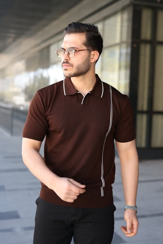 Erkek Çizgi Detaylı Yakalı Triko Tişört