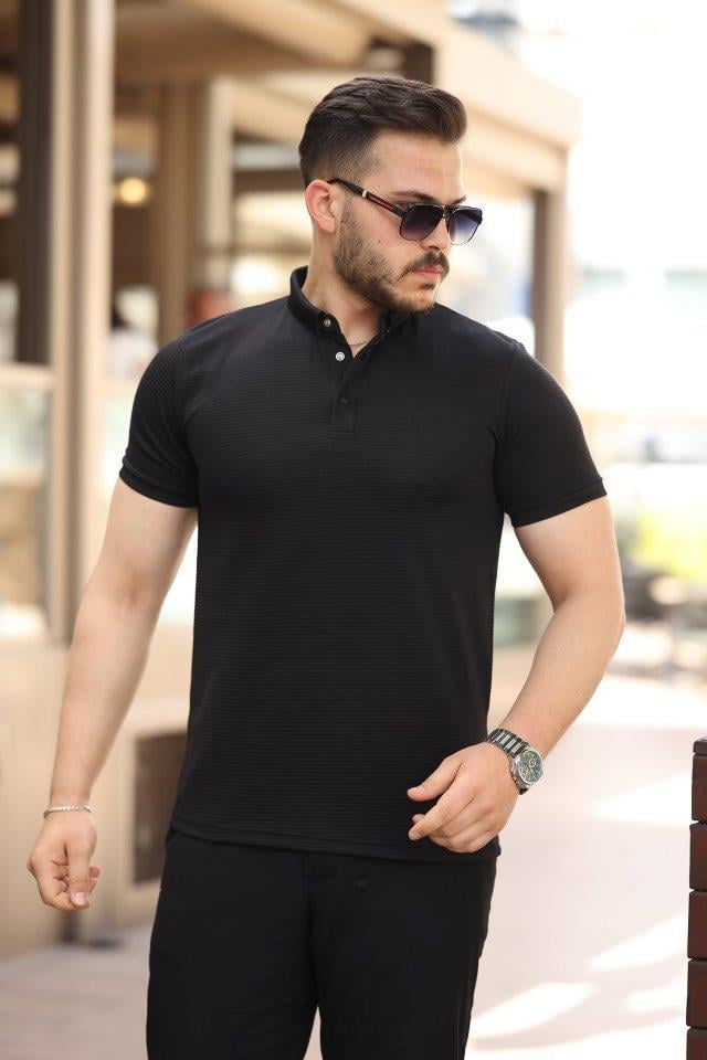 Erkek çizgi Dokulu çıtçıt Yakalı Kısa Kollu T-shirt