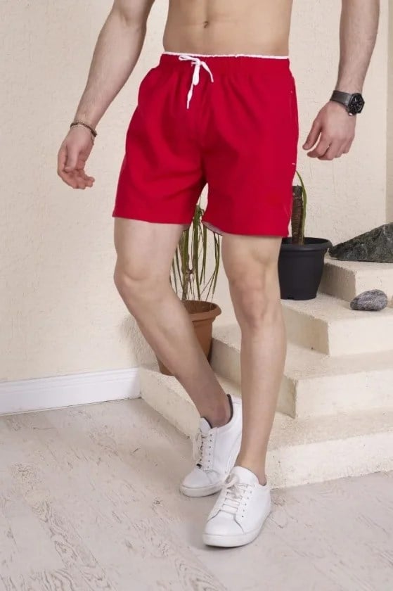 Erkek Deniz Şortu Fermuarlı Cepli File Astarlı - Kırmızı