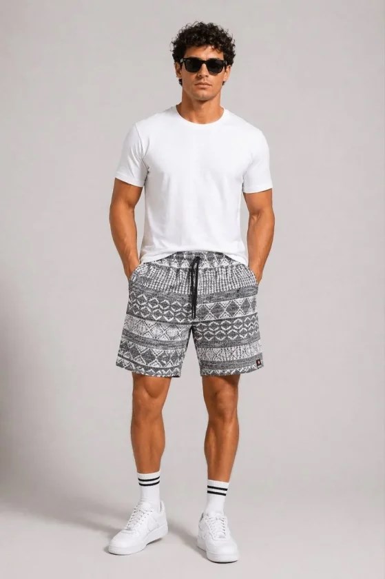 Erkek Dokuma Etnik Desenli Şort Lastikli Bel Bağcıklı Cepli Yazlık Rahat - Gri