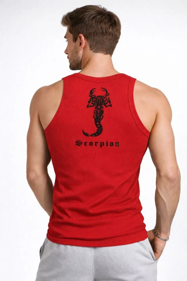 Erkek Fitilli Atlet Sıfır Yaka Slim Fit Arka Baskılı Spor Atlet - Kırmızı
