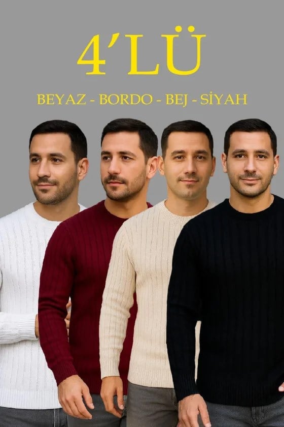 Erkek Fitilli Triko Bisiklet Yaka Kalın Kazak 4lü Set Beyaz-Bebek Mavisi-Gri-Siyah