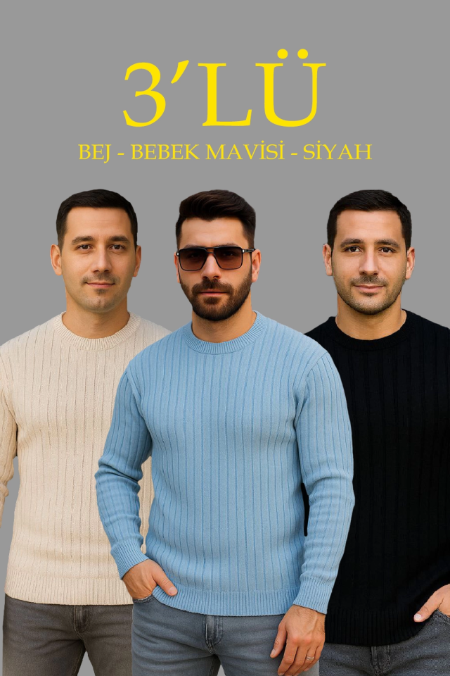 Erkek Fitilli Triko Kazak 3’lü Set – Bej, Bebek Mavisi, Siyah  Kalın Dokuma Pamuklu Regular Fit Bisiklet Yaka Uzun Kollu Kışlık Ve Baharlık Rahat Triko Kombini