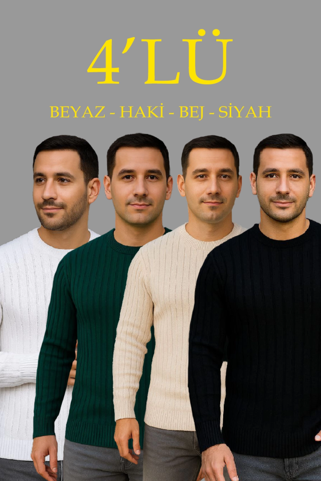 Erkek Fitilli Triko Kazak 4’lü Set – Beyaz, Haki, Bej, Siyah  Kalın Dokuma Pamuklu Regular Fit Bisiklet Yaka Uzun Kollu Kışlık Ve Baharlık Rahat Triko Kombini