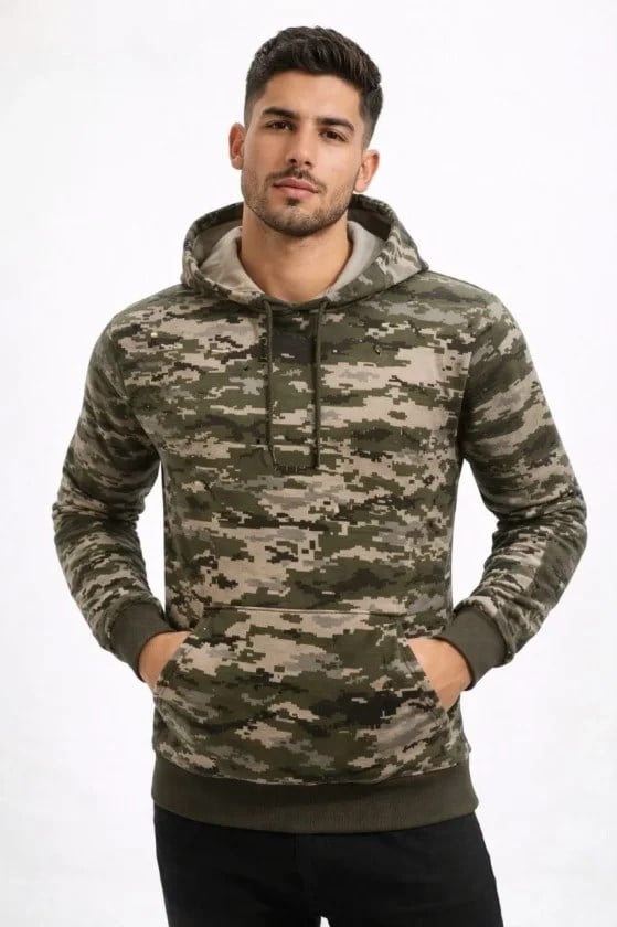 Erkek Kamuflaj Desenli 2 İplik 4 Mevsim Kapüşonlu Kanguru Cepli Hoodie Sweatshirt - Kamuflaj