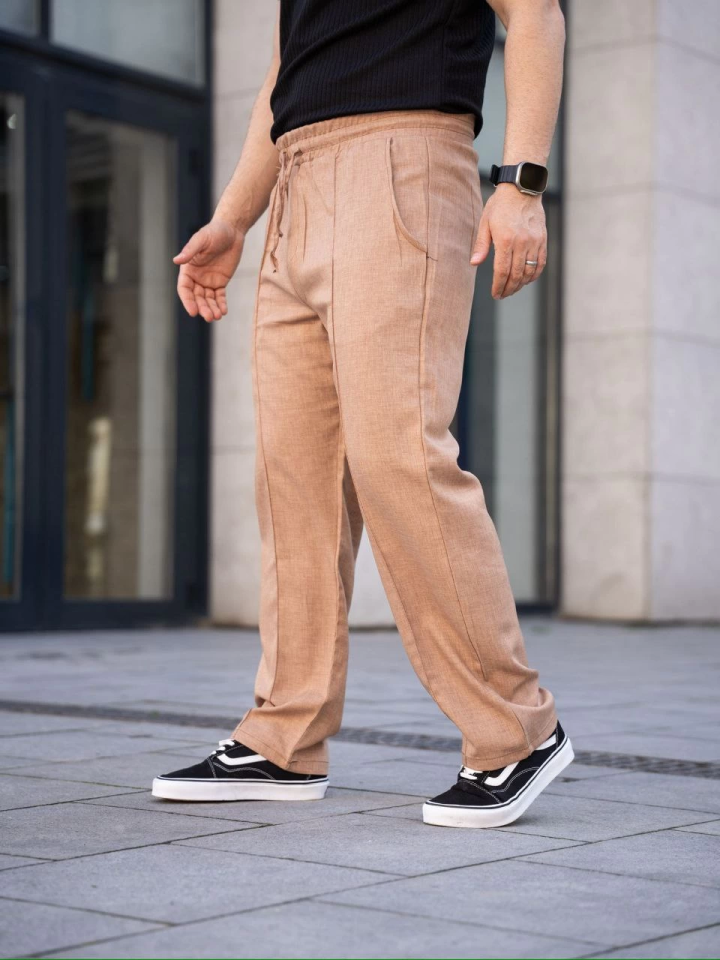 Erkek Keten Cepli Çıma Dikişli Jogger Buggy Pantalon Rahat Kalıp - Kahverengi