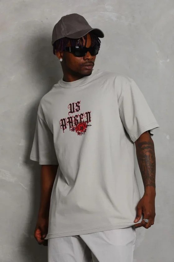 ERKEK Oversize Baskılı Bisiklet Yaka T-Shirt - Gri