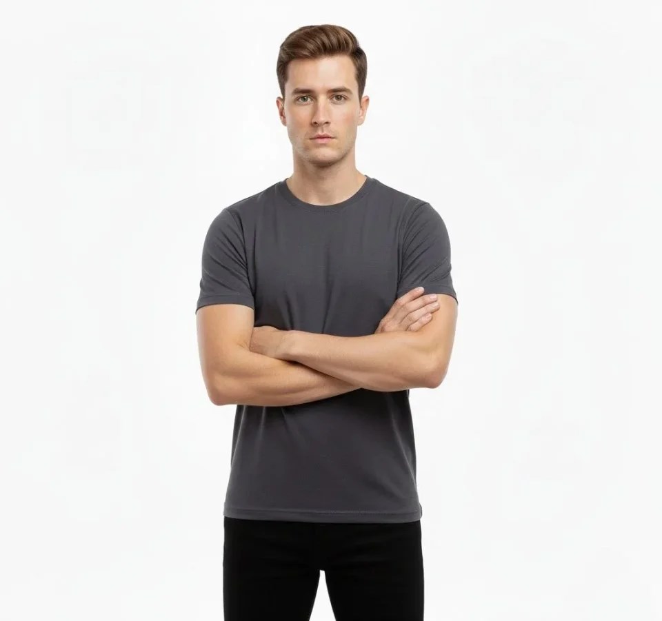 Erkek T-Shirt Bisiklet Yaka Slim Fit Dar Kesim Likralı Tişört Günlük Basic Body - Füme