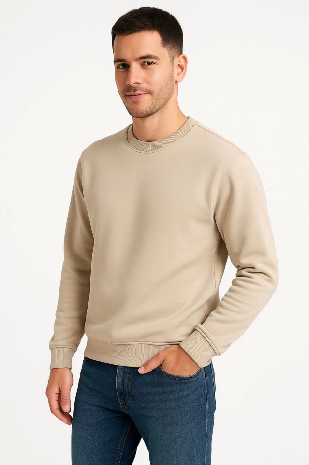 Erkek Üç İplik Düz Bisiklet Yaka SweatShirt - Bej