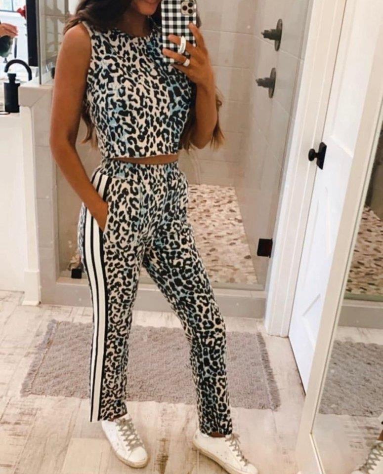 Kadın Dalgıç Kumaş Dijital Leopar Baskılı şerit Detaylı Takım