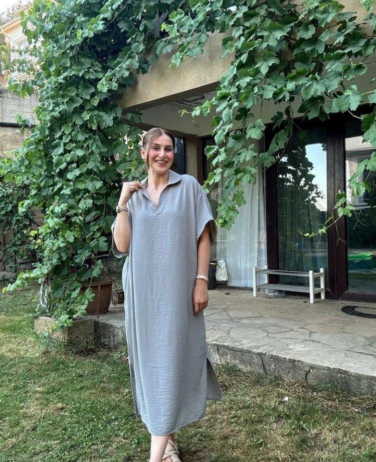 Kadın Keten Kumaş Yırtmaçlı Polo Yaka Midi Boy Elbise