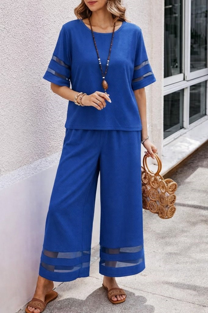 Kadın Kısa Kollu Bisiklet Yakalı Tül şerit Detaylı Bluz Ve Pantolon Ikili Takım
