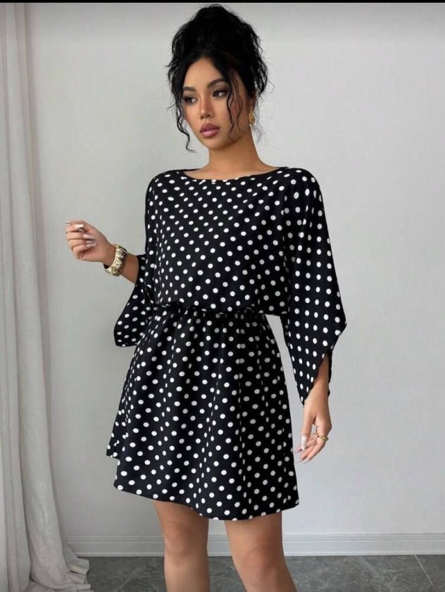 Kadın Puantiyeli örme Krep Mini Elbise (kemersiz)