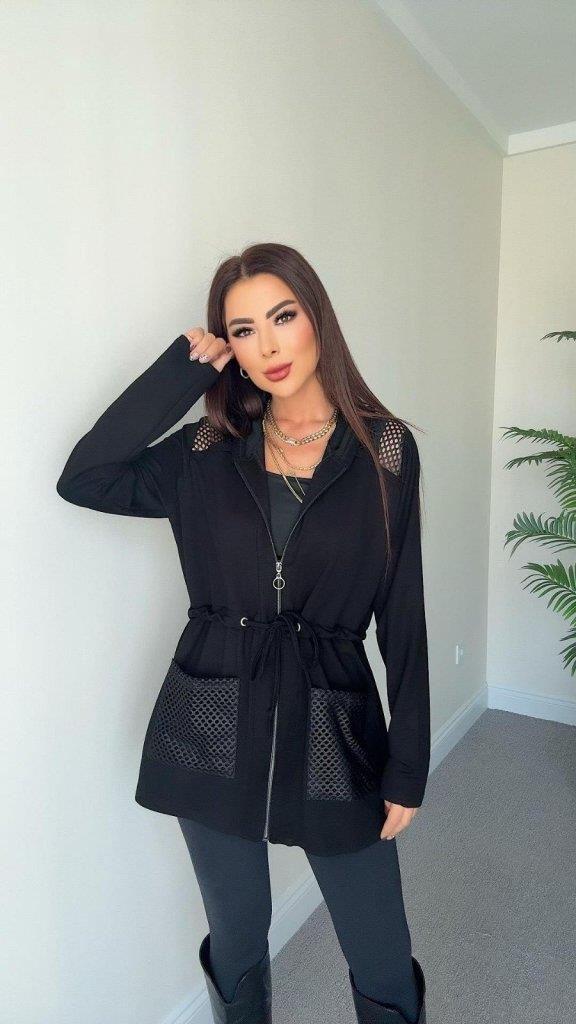 Kadın Uzun Kollu önü Fermuarlı File Detaylı Belden Bağcıklı Kısa Modal Ceket