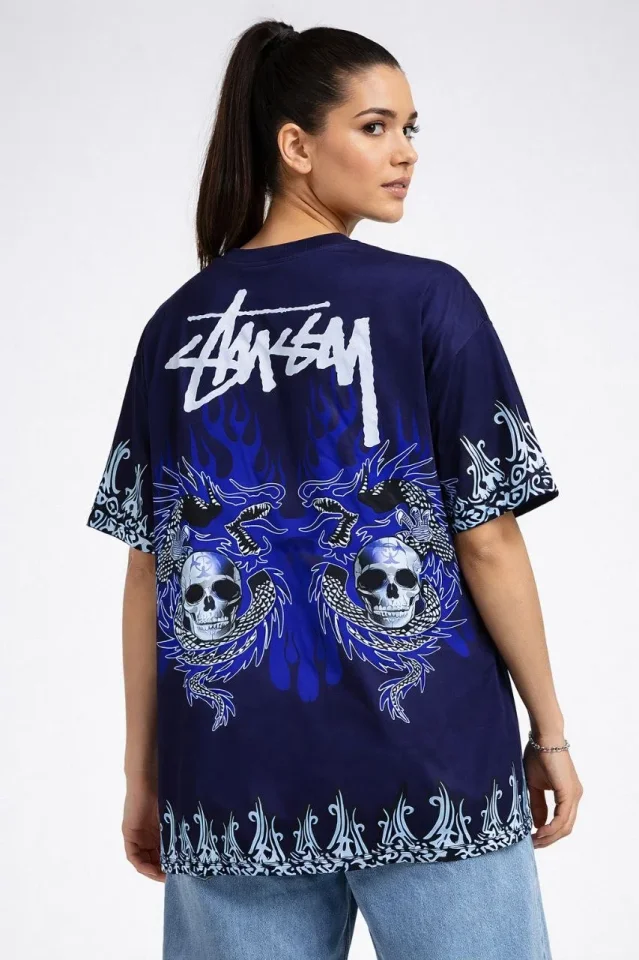 Lacivert Oversize Tişört Dragon - Kuru Kafa Baskılı Bisiklet Yaka T-Shirt - Lacivert