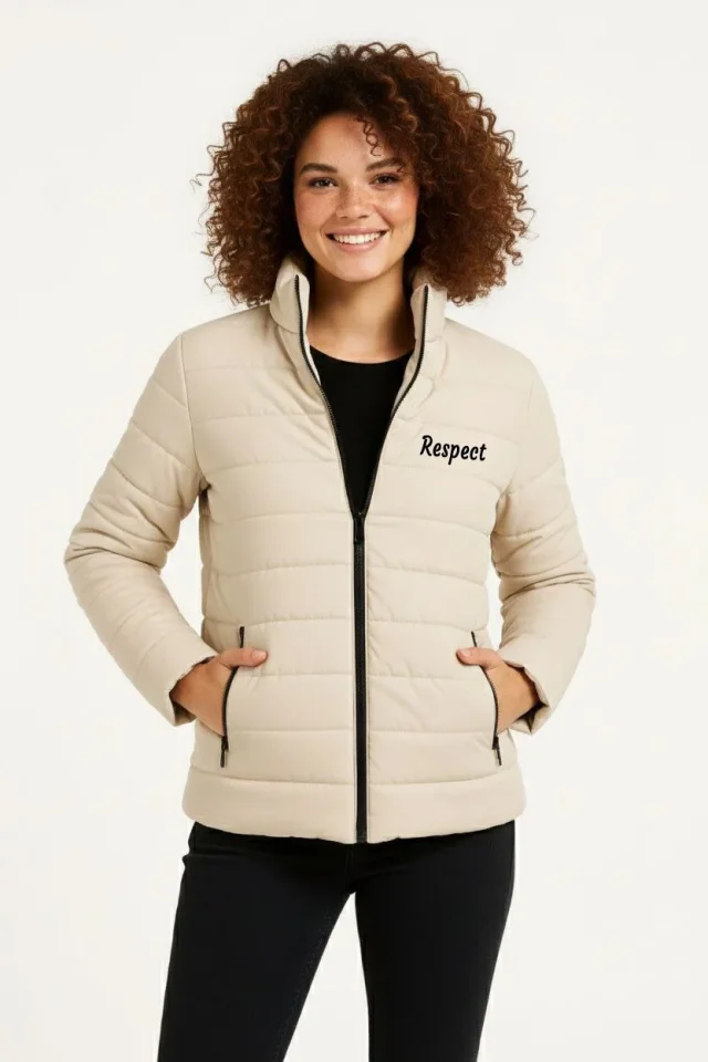 Mikro Su İtici Kapitone Baskılı Astarlı Fermuarlı Bomber Mont - Bej