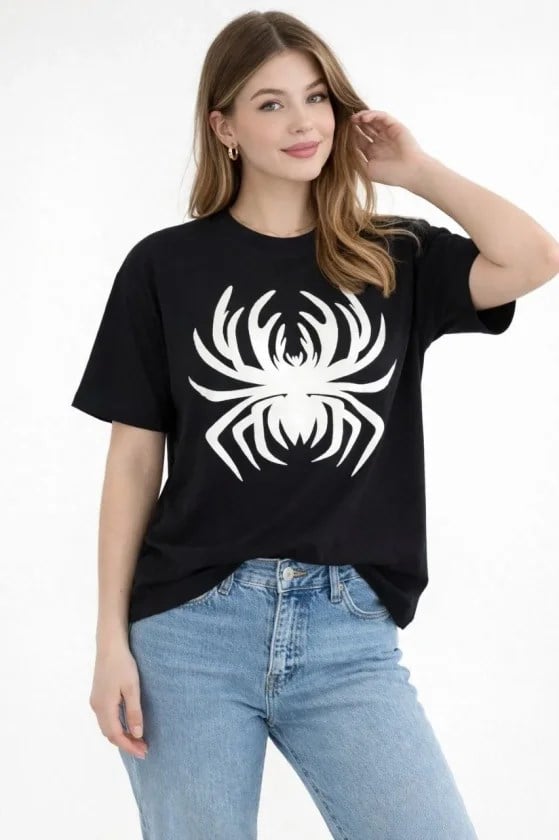 Örümcek Baskılı Tişört Kısa Kollu Bisiklet Yaka T-Shirt - Siyah