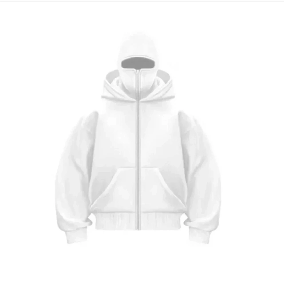 Samuray Ninja Çift Kapşonlu ZIP Fermuarlı Kanguru Çepli Tam Fermuarlı Hoodie Swetshirt - Beyaz