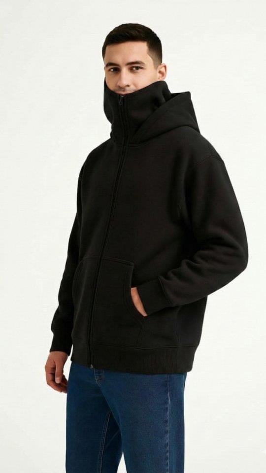 Samuray Ninja Çift Kapüşonlu ZIP Fermuarlı Kanguru Cepli Tam Fermuarlı Hoodie Sweatshirt - Siyah