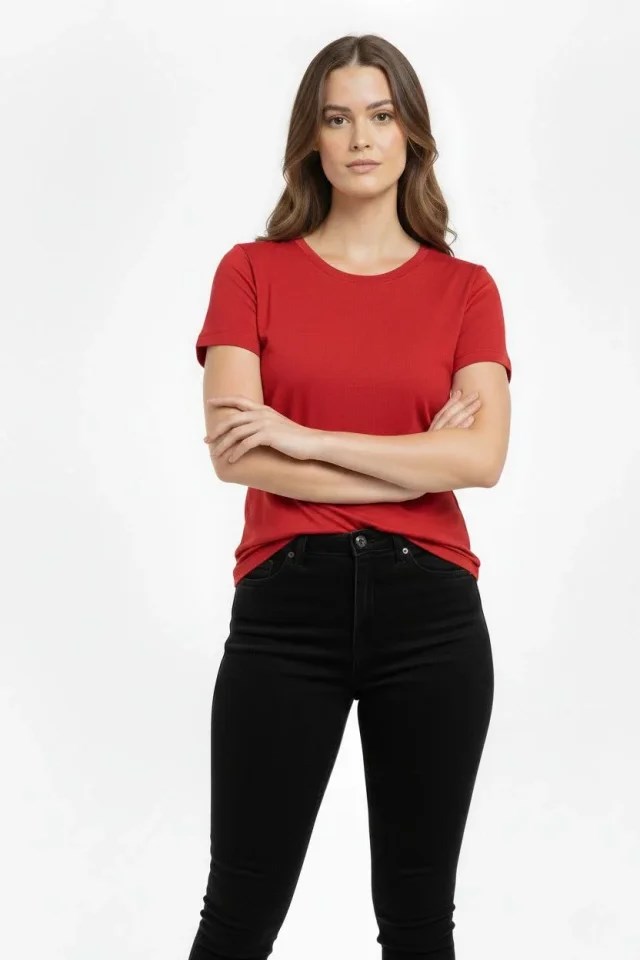 T-Shirt Bisiklet Yaka Slim Fit Likralı Tişört Günlük Basic Body - Kırmızı