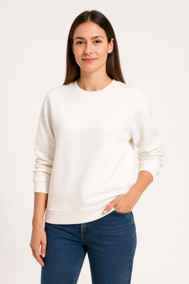 Üç İplik Düz Bisiklet Yaka SweatShirt - Beyaz