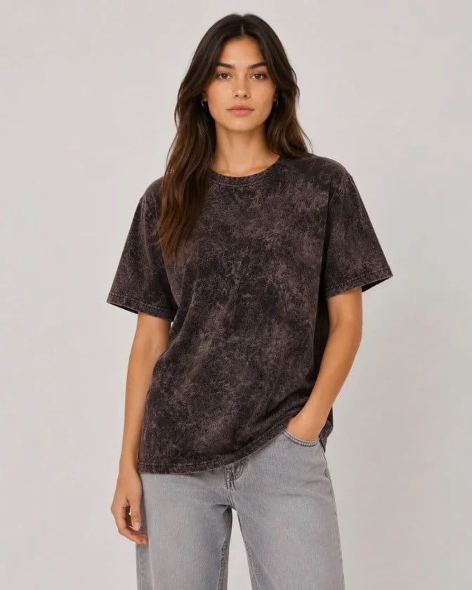 Yıkamalı Washed Effect Tişört Bisiklet Yaka Sokak Stil Kısa Kol T-Shirt - Siyah