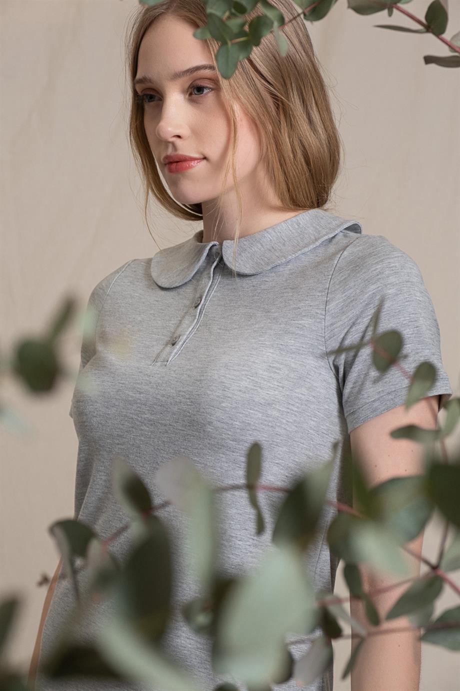 Jenny Dress, Sürdürülebilir Kumaşlı, Bebe Yakalı, Gri Melanj Renkli, Midi Elbise