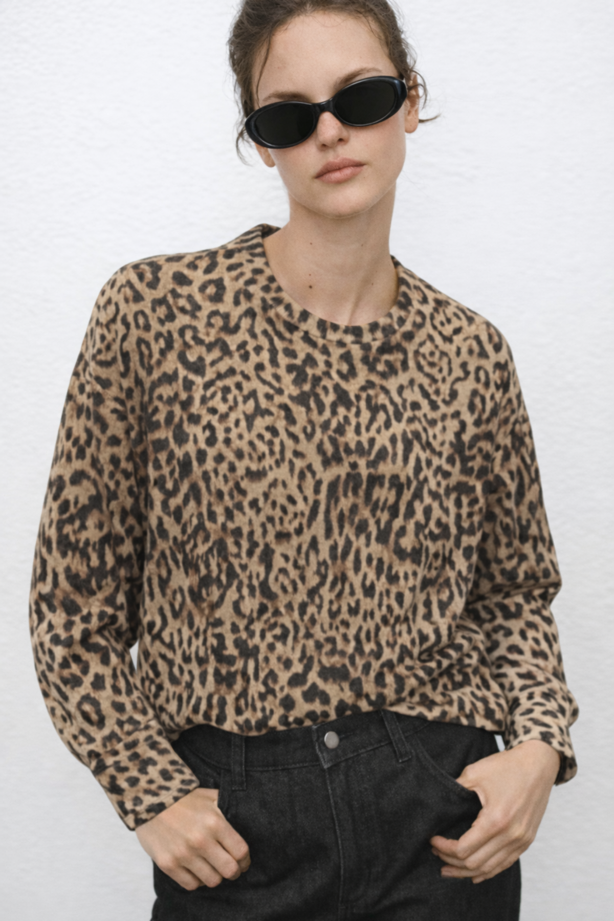 Corinna, Bisiklet Yaka Leopar Desenli Geri Dönüştürülmüş Polyesterli Sweatshirt 