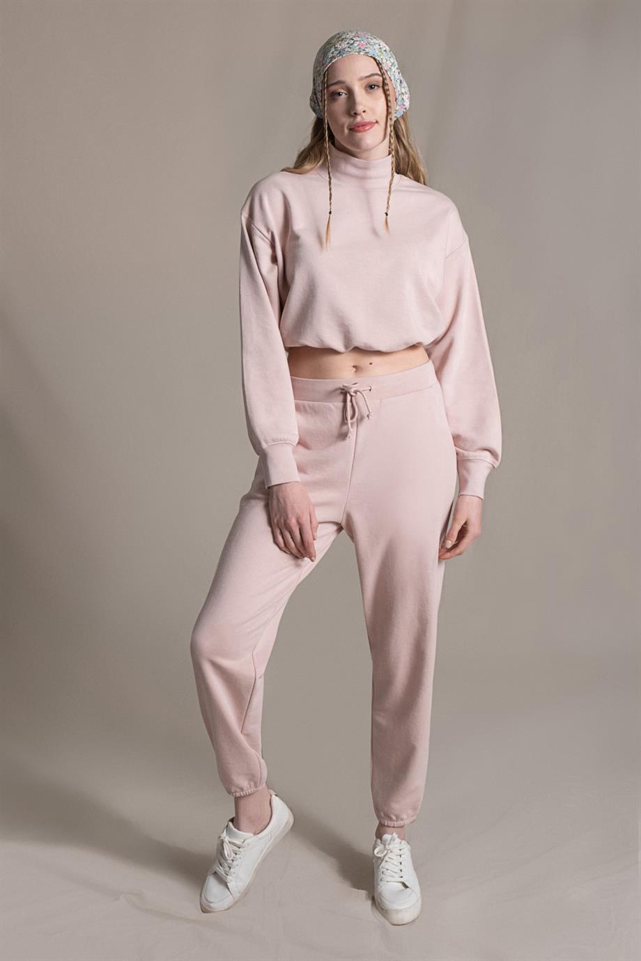 Kate, Büzgü Detaylı, Organik Kumaşlı, Pudra Renkli, Cropped Sweatshirt