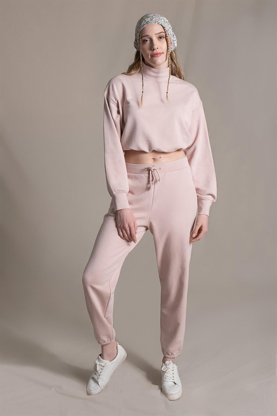 Kate, Büzgü Detaylı, Organik Kumaşlı, Pudra Renkli, Cropped Sweatshirt