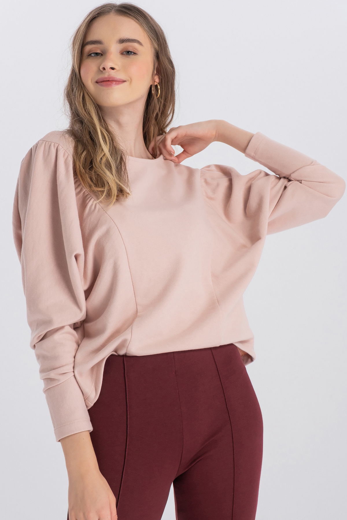 Mira, Organik Kumaşlı, Omuz Büzgülü, Pudra Renk, Sweatshirt
