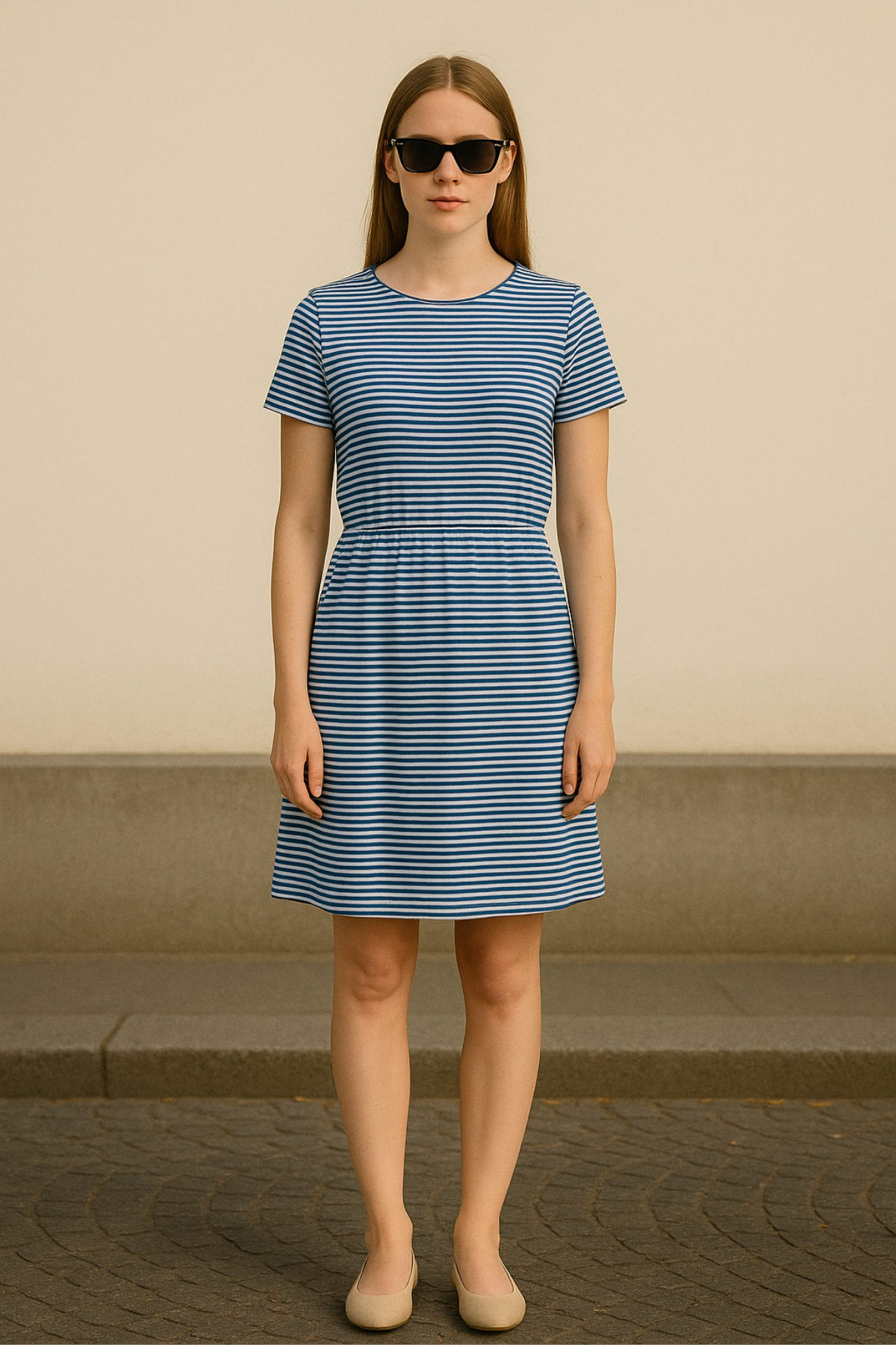 THEA DRESS, 100% Ecovero Viskonlu Çizgili Kısa Kollu Elbise