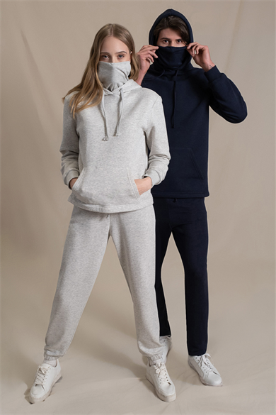 Antibakteriyel Maske Detaylı, Kapüşonlu, Organik Kumaşlı Açık Gri Melanj Kadın Sweatshirt