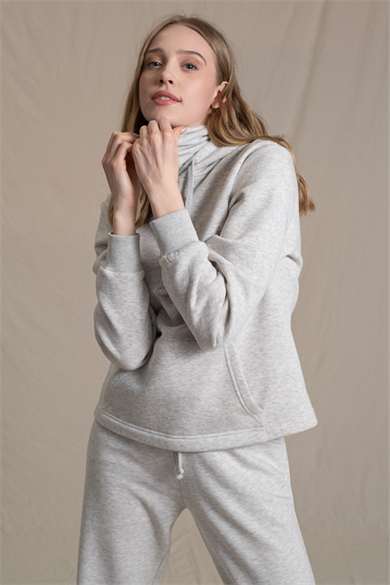 Antibakteriyel Maske Detaylı, Kapüşonlu, Organik Kumaşlı Açık Gri Melanj Kadın Sweatshirt