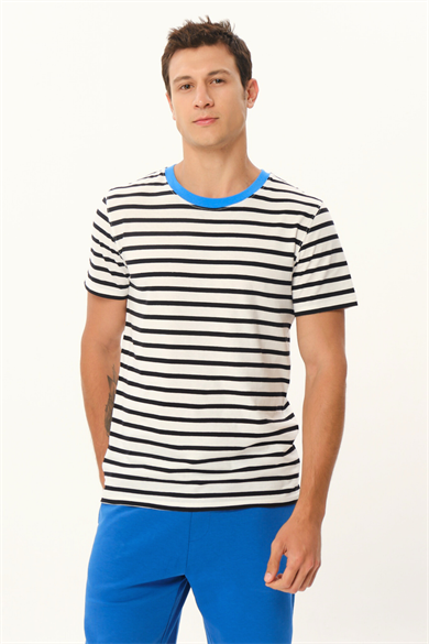 Tod, Mavi Bisiklet Yaka Detaylı Organik Pamuklu Çizgili T-shirt