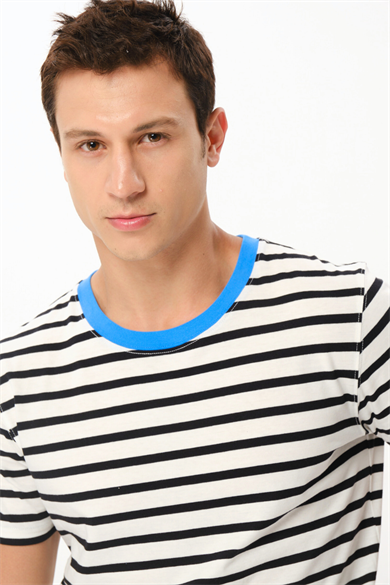 Tod, Mavi Bisiklet Yaka Detaylı Organik Pamuklu Çizgili T-shirt