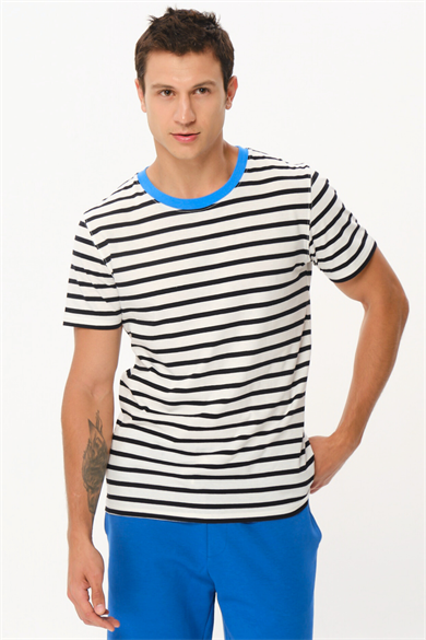 Tod, Mavi Bisiklet Yaka Detaylı Organik Pamuklu Çizgili T-shirt