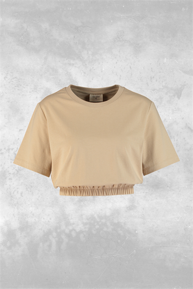 Amelia, Lastik Detaylı, Organik Kumaşlı, Bej Cropped T-shirt
