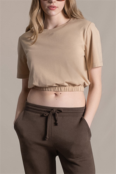 Amelia, Lastik Detaylı, Organik Kumaşlı, Bej Cropped T-shirt