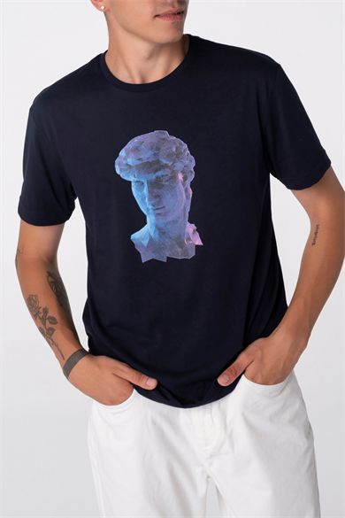 Archie, 3D Baskılı, Organik Kumaşlı, Bisiklet Yaka Lacivert T-shirt