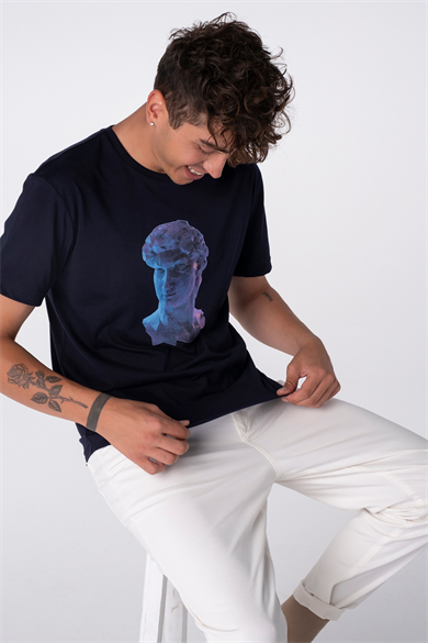 Archie, 3D Baskılı, Organik Kumaşlı, Bisiklet Yaka Lacivert T-shirt