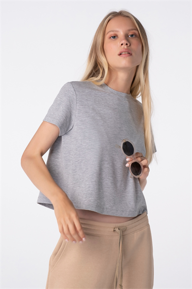 Aria, Bisiklet Yaka, Kısa Kollu, Sürdürülebilir Kumaşlı, Açık Gri Melanj, Cropped T-Shirt