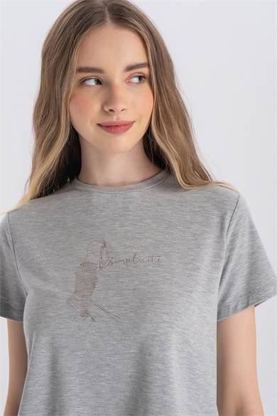 Azura, Baskı Detaylı, Sürdürülebilir Kumaşlı, Açık Gri Melanj, Cropped T-Shirt